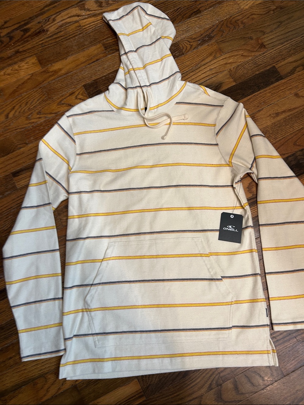 O'Neill Men's Cream Hoodie with Mustard & Brown Stripes